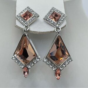 Blush Pink Crystal Drop Earrings Silver Tone Rhinestone Art Deco Glam